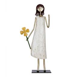 calau Estátua de menina de segurando flor de arte em ferro de menina enfeite moderno para sala de estar, armário e mesa, presente de vitalidade e esperança