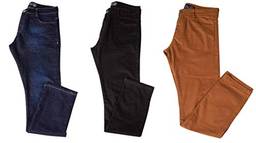 Kit com 3 Calças Jeans Sarja Masculina Skinny Slim com Lycra - Jeans Escuro, Preta e Caqui - 48