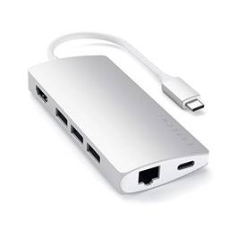Satechi Adaptador Multiportas de Alumínio V2 - 4K HDMI (60Hz), Ethernet Gigabit, Carga USB-C, leitores de cartão SD/Micro, USB 3.0 - Compatível com MacBook Pro/Air M1 2020 (Prata)