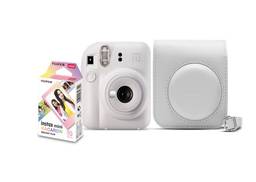 Kit Câmera Instax Mini 12 com pack 10 fotos Macaron e Bolsa Branco Marfim