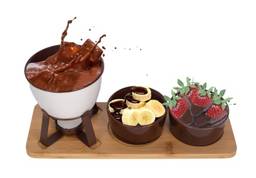 Conjunto Fondue em Cerâmica Redondo 10 Peças Com Base em Bambu 300ml Chocolate Queijo - 3 Velas
