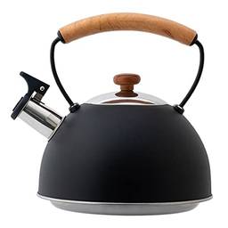 HEMOTON Chaleira de aço inoxidável com apito de metal para fogão, apito, bule de chá, com cabo de madeira, chaleira, água quente, chaleira, bule de chá, utensílios de cozinha, preto