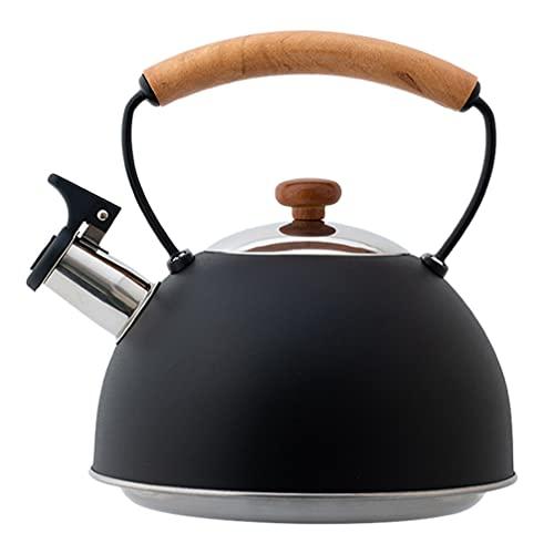 HEMOTON Chaleira de aço inoxidável com apito de metal para fogão, apito, bule de chá, com cabo de madeira, chaleira, água quente, chaleira, bule de chá, utensílios de cozinha, preto