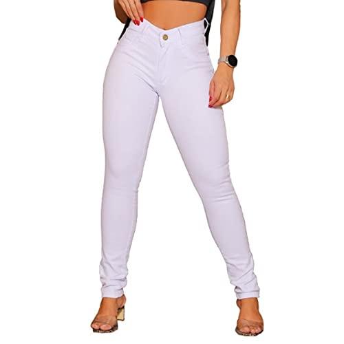 Calça Jeans Cintura Alta Feminina Modela Bumbum Com Elastano (44, Branca)