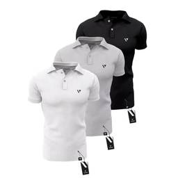 Kit 3 Camisas Gola Polo Voker Com Proteção Uv Premium - P - Preto, Branco e Cinza