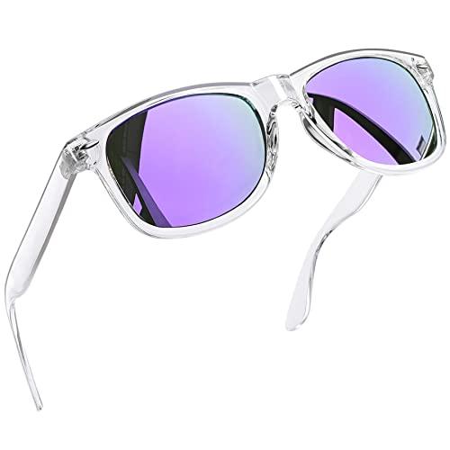 Óculos de Sol Polarizados Masculinos de Armação Grandes Joopin Óculos de Sol Quadrados para Homens Esportivos para Dirigir UV Proteção (Lente Roxa Escura Espelhada com Moldura Transparente)