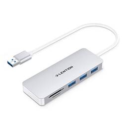LENTION Hub USB 3.0 com 3 adaptadores USB 3.0 e leitor de cartão SD/Micro SD para cartões Micro/SDXC/SDHC/SD/UHS-I compatíveis com MacBook Air/Pro (geração anterior), Surface, Chromebook, mais (CB-H15, prata)