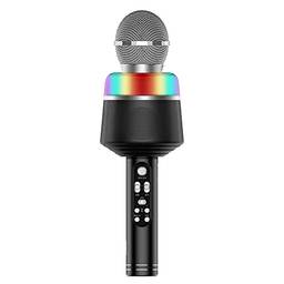 Tomshin Microfone de karaokê sem fio com luzes LED 2 em 1 portátil BT microfone alto-falante com suporte para cartão TF para dispositivos iOS/Android, preto