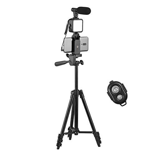 Andoer Phone Vlog Kit de vídeo com tripé ajustável em altura Suporte de telefone com microfone de sapata LED obturador remoto de luz de vídeo para produção de vídeo de câmera de telefone