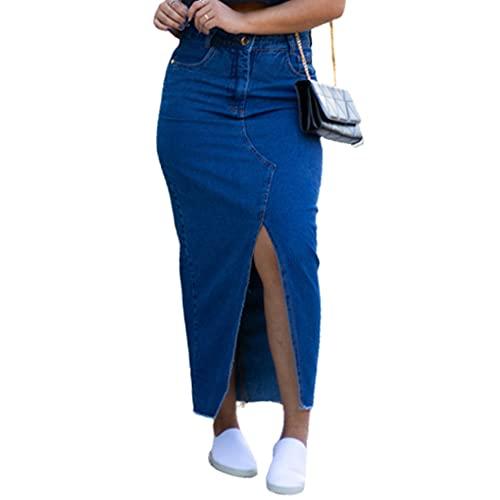 Saia Jeans Longa Feminina Cintura Alta Com fenda (40, Azul Escuro)