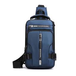 Bolsa de peito masculina multifuncional, pequena mochila casual de nylon com porta de carregamento USB, Azul, Small, Clássico