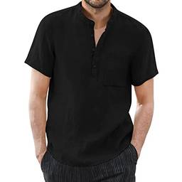 Camisa masculina primavera e verão sólida casual algodão linho gola alta top plus size férias verão camisetas blusas, Preto, 3G
