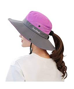 Chapéu de sol feminino com rabo de cavalo proteção UV malha dobrável de aba larga Chapéu de pesca de praia (Roxa)