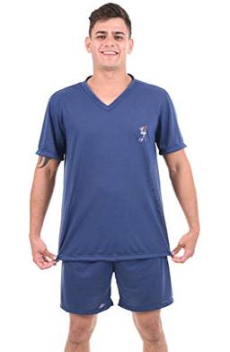 Pijama 4 Estações Curto Masculino Fechado Verão (M, Azul Marinho)