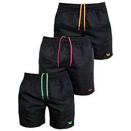 Kit 3 Shorts Moda Praia Lisos Tactel Masculinos Cordão Neon Relaxado (M, Preto(Verde, Laranja E Rosa))