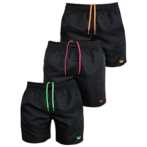 Kit 3 Shorts Moda Praia Lisos Tactel Masculinos Cordão Neon Relaxado (G, Preto(Verde, Laranja E Rosa))