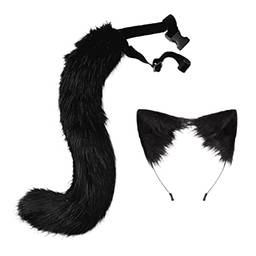 Newmind Conjunto de fantasia de orelhas de gato de pele sintética, fantasia de lobo peludo, raposa, cauda longa, cosplay para festa de Halloween - preto