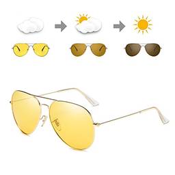Óculos de visão noturna anti-reflexo polarizado aviador fotocromático para homens mulheres óculos de sol (moldura dourada)