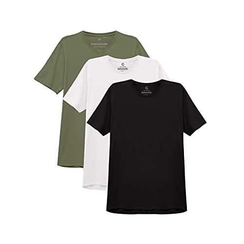 basicamente. Kit 3 Camisetas Gola C Masculina; Verde Folha/Branco/Preto XGG