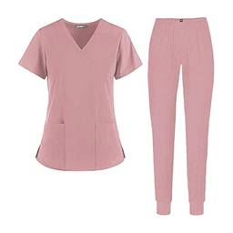 Colcolo Conjunto de Enfermagem com 2 Bolsos com Pescoço em V Uniformes Moda Vestuário Calça Respirável, Cor de rosa, XL