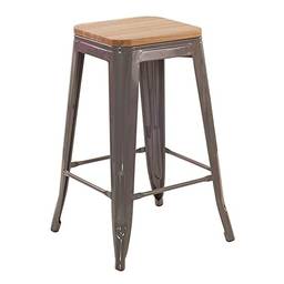 Banqueta Iron Tolix com assento de madeira rústica clara - 66 cm - Cinza escuro