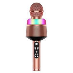 Tomshin Microfone de karaokê sem fio com luzes LED 2 em 1 portátil BT microfone alto-falante com suporte para cartão TF para dispositivos iOS/Android, Rose Gold