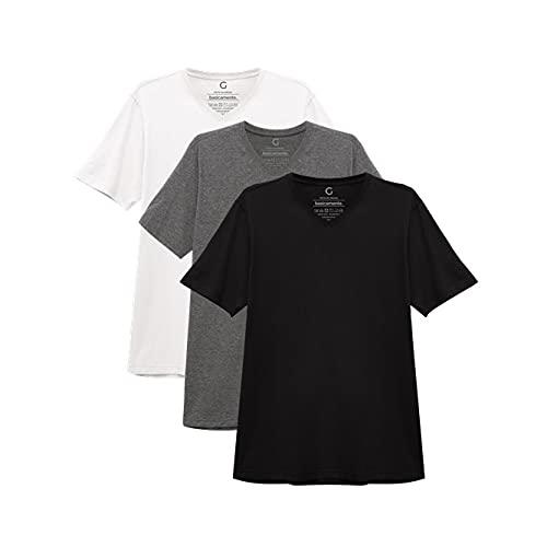 Kit 3 Camisetas Gola V Masculina; basicamente; Branco/Mescla Escuro/Preto GG