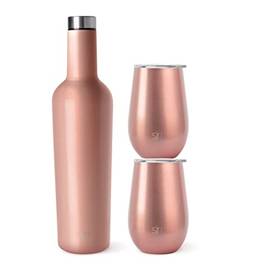 Simple Modern Conjunto de copos de vinho e garrafa de presente | Garrafa isolada a vácuo de 750 ml e 2 copos de vidro sem haste de 355 ml com tampa | Coleção Spirit | Ouro rosa