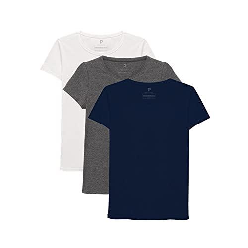 Kit 3 Camisetas Babylook Gola C Feminina; basicamente.; Branco/Mescla Escuro/Marinho XGG