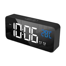 Mibee Despertador digital LED para quarto Relógio eletrônico com termômetro 2 alarmes Função soneca 4 níveis de brilho Relógios de espelho Carregamento USB para mesa de cabeceira