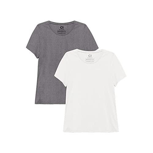 basicamente. Kit 2 Camisetas Babylook Gola C Super Feminina; Mescla Escuro/Branco, GG Plus Size