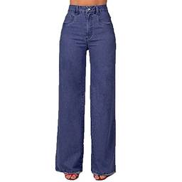 Calça Jeans Feminina Wide Leg Cintura Alta Denim (Azul Escuro, 42)
