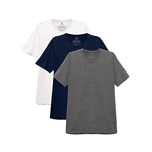 basicamente. Kit 3 Camisetas Gola V Masculina; Branco/Marinho/Mescla Escuro GG