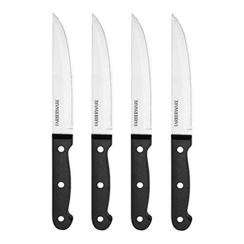 Farberware Conjunto de facas de bife de aço inoxidável, 4 peças, rebite triplo "Never Needs Sharpening", preto