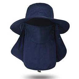 Fdrirect Protetor solar externo para homens e mulheres, proteção solar UV UPF 50+ com aba removível para o pescoço, chapéu de aba larga para acampamento de pesca,azul marinho