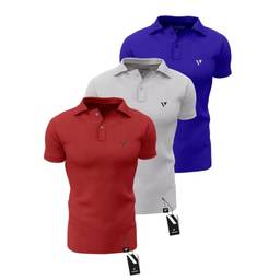 Kit 3 Camisas Gola Polo Voker Com Proteção Uv Premium - P - Azul, Cinza e Vermelho