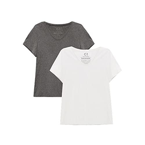basicamente. Kit 2 Camisetas Babylook Gola V Super Feminina; Mescla Escuro/Branco, G3 Plus Size