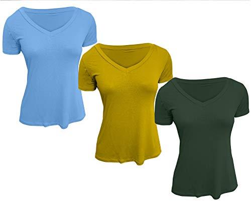 Kit 3 Camisetas Feminina Gola V Podrinha (AZUL Bebê - MOSTARDA - VERDE MILITAR, M 36 ao 44)