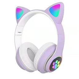 Hyranect Fone de Ouvido Orelha de Gato com Iluminação LED, Headset Bluetooth 5.0 para Jogos/Músicas Estéreo, Fone Sem Fio de Gatinho com Microfone Embutido para Meninas (Roxa)