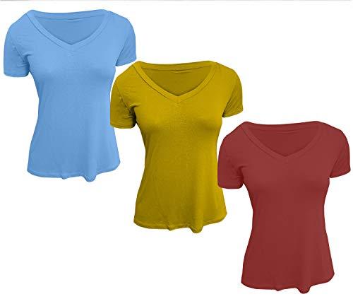 Kit 3 Camisetas Feminina Gola V Podrinha (Telha - Mostarda - Azul Bebê, M 36 ao 44)