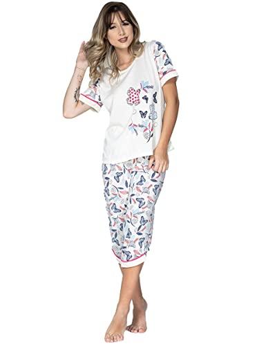 Pijama Feminino Pescador Bermuda Adulto Blusa Calça Curta Inverno Barato Cor:Bege;Tamanho:G