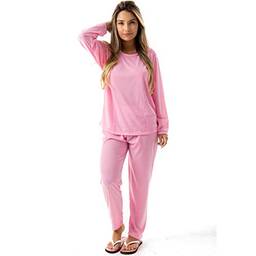 Pijama Confortavel Longo em Malha Suave Lisa | Feminino 177 Cor:Rosa;Tamanho:G