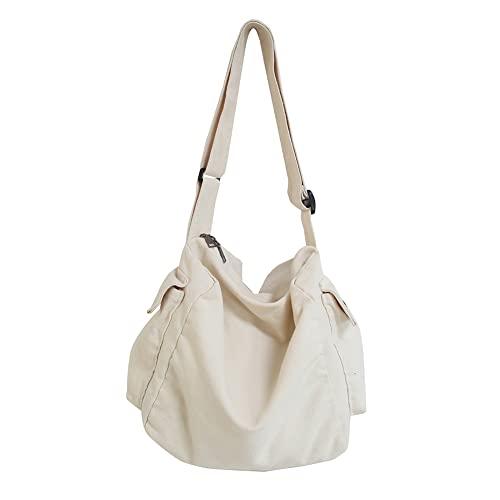 Bolsa tiracolo de lona macia moda feminina masculina bolsas de grande capacidade, Branco, 9.8x5.5x2.75in