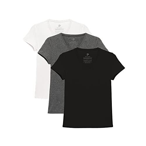 Kit 3 Camisetas Babylook Gola V Feminina; basicamente; Branco/Mescla Escuro/Preto XGG