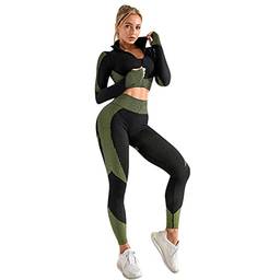 Lhyxuuk 3 Peças Conjunto Fitness Roupa Academia Esportiva Yoga Calça Legging Top Sutiã e Jaqueta Feminino (XG, Exército verde)