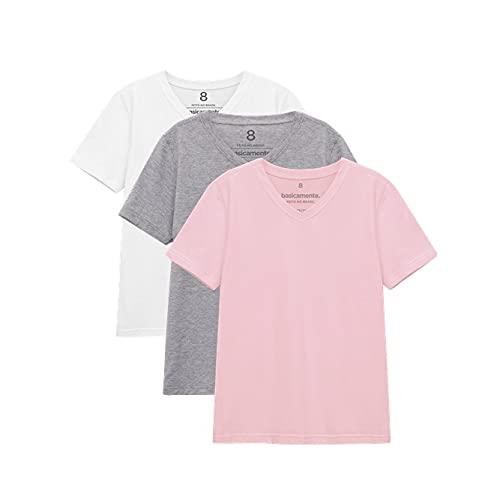 Kit 3 Camisetas Gola V Unissex; basicamente; Branco/Mescla Claro/Rosa Orquídea 14