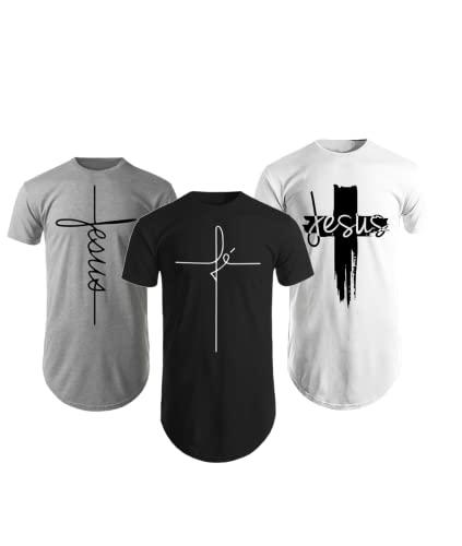 Kit Com 3 Camisetas Camisas Blusas Masculinas Long Line Gospel Cristã Evangélica (G, 1 Preta, 1 Branca e 1 Cinza)