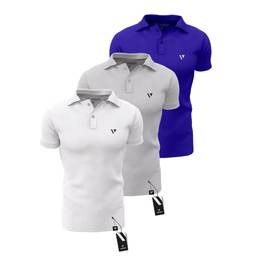 Kit 3 Camisas Gola Polo Voker Com Proteção Uv Premium - M - Azul, Cinza e Branco