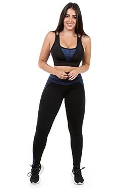 Conjunto Preto com Detalhe Risca Fitness Legging e Top Cor:Azul;Tamanho:M;Genero:Feminino