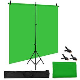 Camnoon Kit de fotografia de fundo Chromakey com tela de fundo verde, 1,5 m, 2 m, com suporte de fundo ajustável em forma de T, 3 grampos de fundo